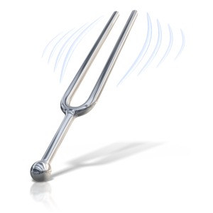 This clip art image shows a tuning fork with vibration markers resonating off of its forks.