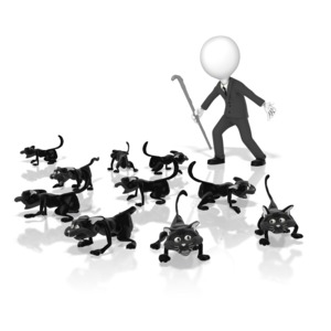 A business stick figure is shown trying to herd cats.