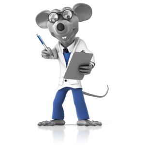 This clip art image shows a lab rat character holding a clipboard and pen.