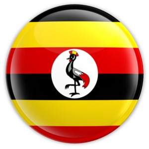 A clipart image of Uganda&#039;s flag on a button.