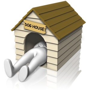 A stick figure finds himself sleeping in the doghouse. This clip-art can represent someone in trouble