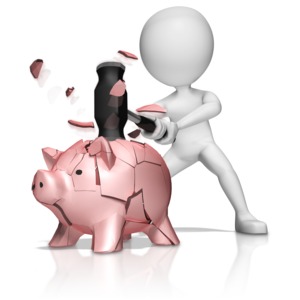 This clip art image shows a figure smashing a piggy bank open with a hammer.