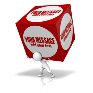 An image of a stick figure carrying a very large box with custom text.