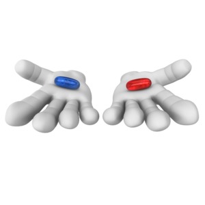 This clip art image show two different colored pills setting in hands.