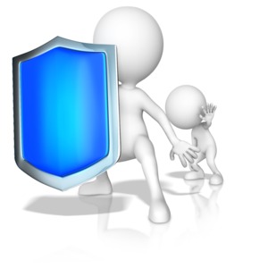 This clip art image shows a big figure holding a shield out in front protecting a smaller figure in the background.