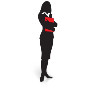 An image of a silhouette of a woman in business attire holding documents.