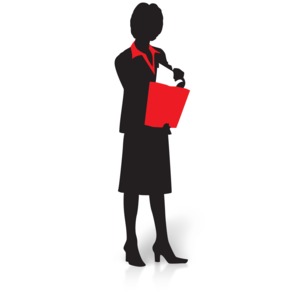 An image of a silhouette of a woman in business attire pulling documents from folder.