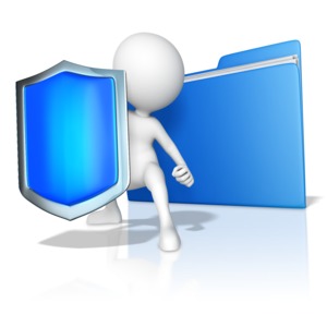 A figure hold a shield guarding a folder with papers in it.