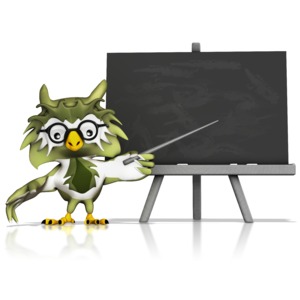 This clip art image shows a smart owl teaching on a blank chalkboard.