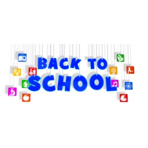 This clip art image shows back to school text hanging from strings surrounded by icons of study.