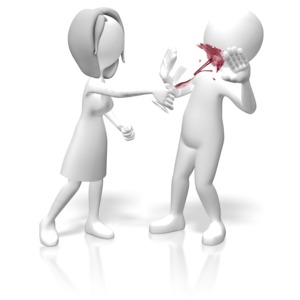 A woman tosses her drink into the face of a man. This clip-art can represent someone insulting another and having to deal with the consequences.