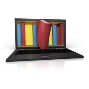 This clip art shows an image of a laptop with a bookshelf on the screen and a book being pulled out.