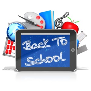 This clip art image shows a tablet with back to school written on it and subject of study icons behind it.