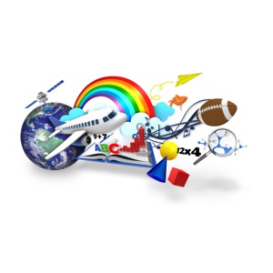 A collage of educational elements, earth, and airplane flying out from the earth.