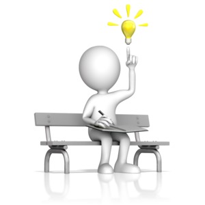 This clip art image shows a figure on a bench with a note pad and paper coming up with an idea.