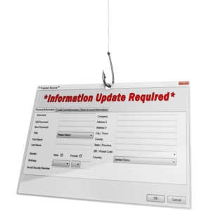 This clip art image shows an online sensitive information window hanging from a fish hook.
