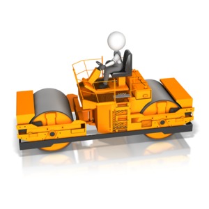This clip art image shows a figure driving a construction steamroller.