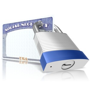 This clipart image shows a social security card with a lock going through it.
