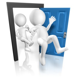 A stick figure kicks a man out of his doorway.