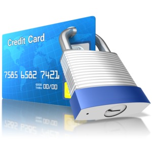 This clipart image shows a credit card with a lock going through it.