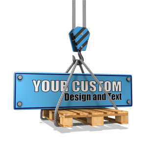 This custom clip image shows a crane construction hook carrying a bolted sign.  You can add your own images and text to create a customized design.