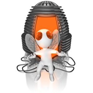 A stickman becomes part fly after a failed teleporter experiment. This clip-art can represent a problem creating by bring two things together.