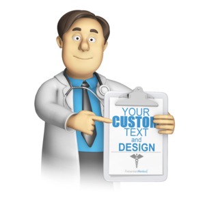 This custom clip art image shows a doctor or nurse character holding and pointing a clipboard where you can add your own text and images too.