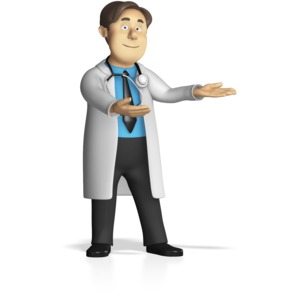 This custom clip art image shows a male doctor presenting with hands pointing to the side.