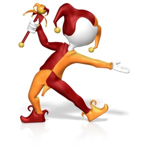 A court jester strikes a pose to present something. The colors of this clip-art can be customized.