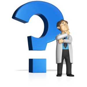 This clipart image shows a male doctor, nurse, scientist, psychiatrist or pharmacist figure thinking with a giant question mark behind him.  All colors of this image can be customized.