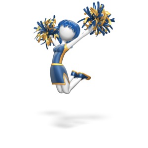 A cheerleader jumps while holding pompoms. This clip-art colors can be customized.