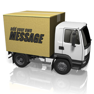 A cargo truck with a cardboard box on back. You can put your own custom text and design on the side of the box.