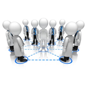 An image of a patient in the middle with lines connecting multiple doctors.