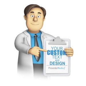 This custom clip art shows a lab worker guy pointing at a customizable clipboard.