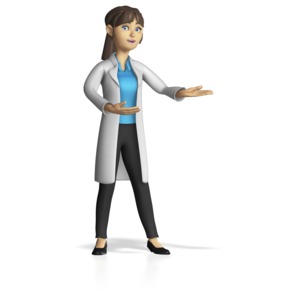 This clip art image shows a female lab worker gesturing to the side.
