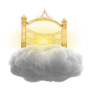 A bright light shines behind a golden gate sitting on a cloud.