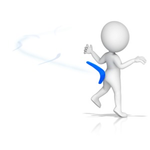 This clip art image shows a figure being hit in the back by its own thrown boomerang.