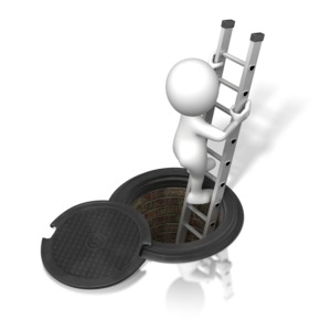 An image of an open manhole with a stick figure on a ladder either climbing in or climbing out.