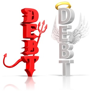 This clip art image shows a two debt words one that is a devil on one that is an angle.  Represents good debt vs bad debt.