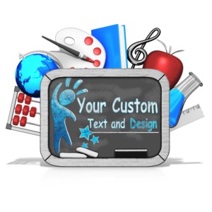 This clip art image shows a blackboard tablet with many different school icons around it. There is room on the blackboard to add your own text and design.