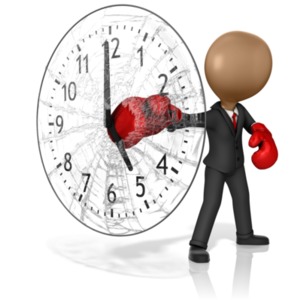 This clip art image shows a boxer business figure punching a giant clock reading 5:00 and shattering it.  This could symbolize hitting a deadline or punching out for the day.