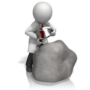 A scientist is shown investigating a boulder. 
