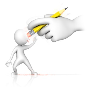 This clip art image shows a large hand using a pencil to erase a figure.
