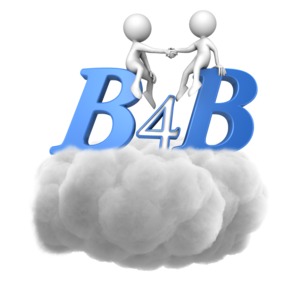 This clip art image shows B4B sitting on a could with to figures shaking hands.