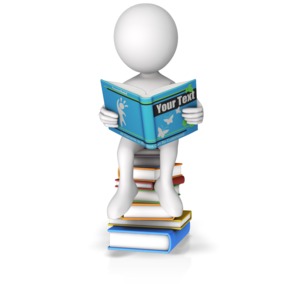 This custom clip art image show a figure reading a book while sitting on a stack of books.  All elements on the book cover can be customized with your own text and images.