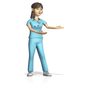 This clip art image shows a nurse figure presenting to the side with arms.
