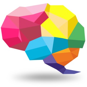 An image of a colorful brain made out of squares, triangles and obscure angled blocks.