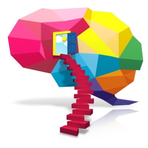 An image of a colorful brain made out of shapes with a staircase leading to an open door.
