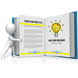 An image of a stick figure turning a page to a large book with room to put your own custom text and design.