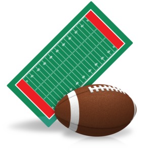 An image of a football field and an oversized football.